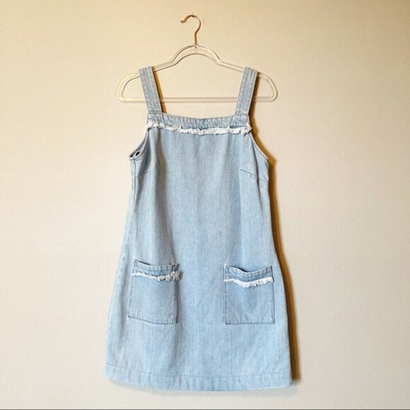 Vince Camuto Denim Fringe Overall Shift Dress Cotton Front Pockets XS Jumper - Picture 2 of 4